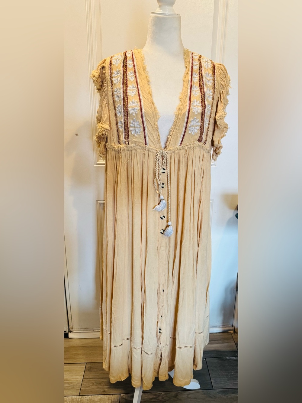 Free People Will Wait For You Midi Embroidered cream dress Boho size L Like New - Picture 7 of 13